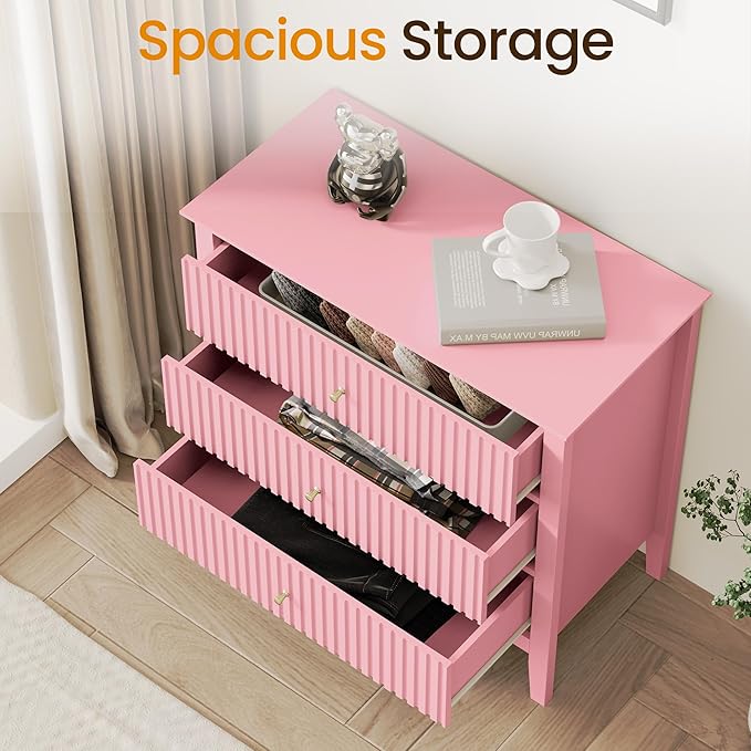 RoyalCraft Fluted 32 inch Wide Nightstand for Bedroom, Large Pink Nightstand with 3 Drawer, Modern End Table, Wood Beside Table for Home and Office
