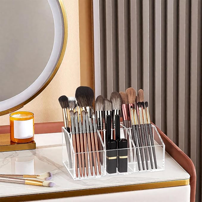 Clear Makeup Brush Holder Organizer Acrylic 6-Slots Cosmetic Brushes Storage Organizer for Vanity Countertop