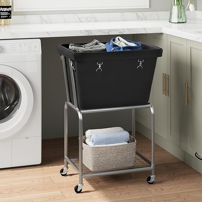 ELYKEN Laundry Cart with Wheels, Rolling Laundry Hamper with Removable Bag and Shelf, Metal Frame Laundry Basket with 4 Casters and 2 Brakes, Ideal for Bedroom, Bathroom, Laundry Room, Black