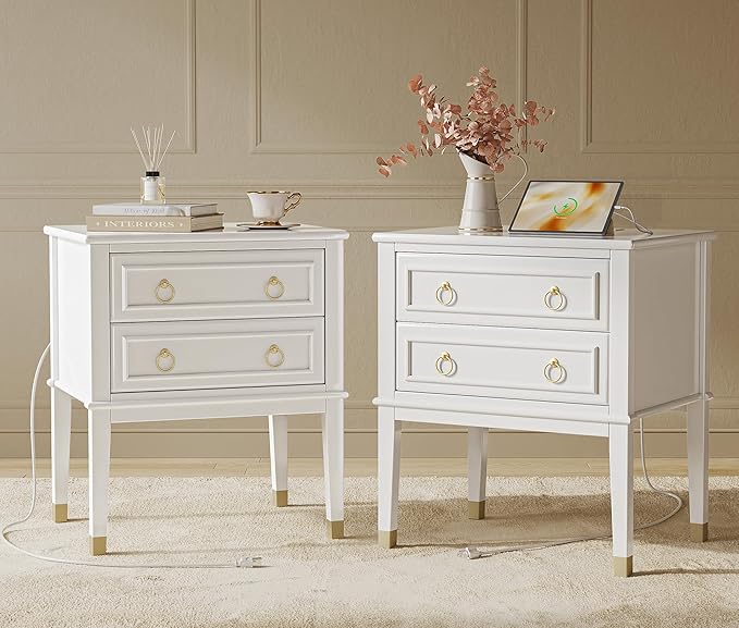 Huuger 27.6 Inch Tall Nightstand with Charging Station, USB-C Port, Larger Night Stand Set of 2, Bedside Table with 2 Drawers, 11.4 Inch Raised Legs, Side Tables End Tables, for Bedroom, White