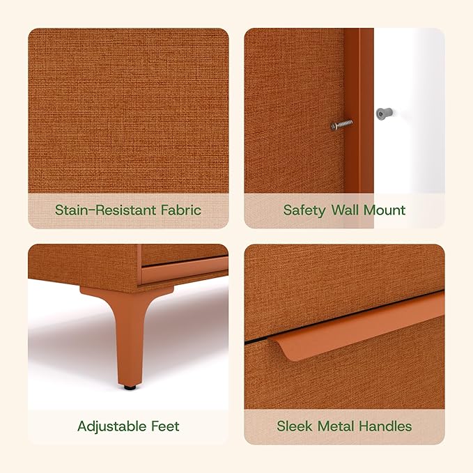 Naima Premium Fabric Dresser - Strong Metal Frame, 10 Spacious Sag-Proof Drawers with Sleek Metal Handles - Premium & Durable Storage Solution for Your Home (Orange)