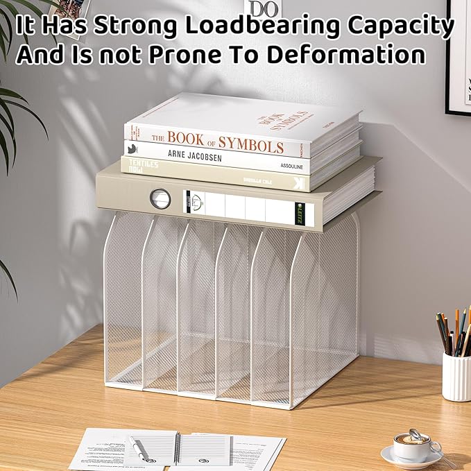 White 5-Section File Folder Organizer for Desk – 8.5"×9.3" Metal Vertical File Holder, Desktop File Organizer Vertical Stand, Letter/A4 Upright File Sorter