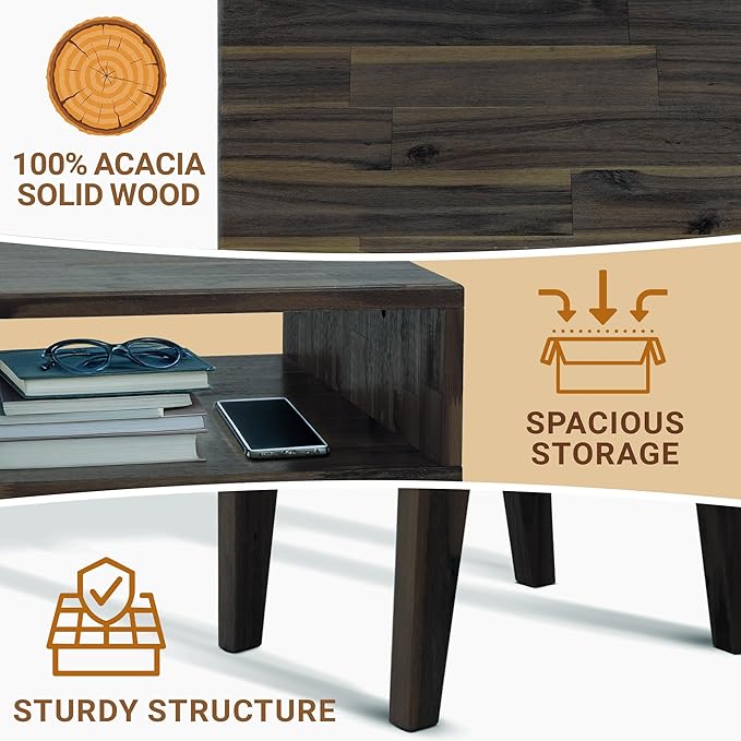 Acacia Serena Nightstand Solid Wood Nightstand with Open Storage Shelf, Wood Bedside Table, Night Stands for Bedroom - Mocha