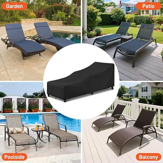 Arcedo Patio Lounge Chair Cover 2 Pack, Waterproof Outdoor Chaise Lounge Covers for Outdoor Furniture and Outside Stackable Cushions, 84" x 32" x 32" H, Black