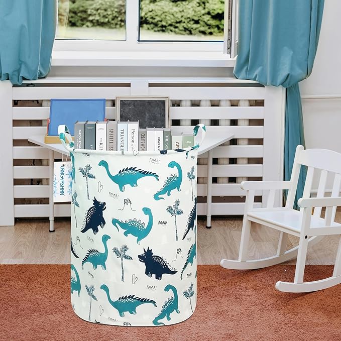 LANGYASHAN Laundry Basket Canvas Fabric Collapsible Organizer Basket for Storage Bin Toy Bins Gift Baskets Bedroom Clothes Children Nursery Hamper (Full dinosaur)