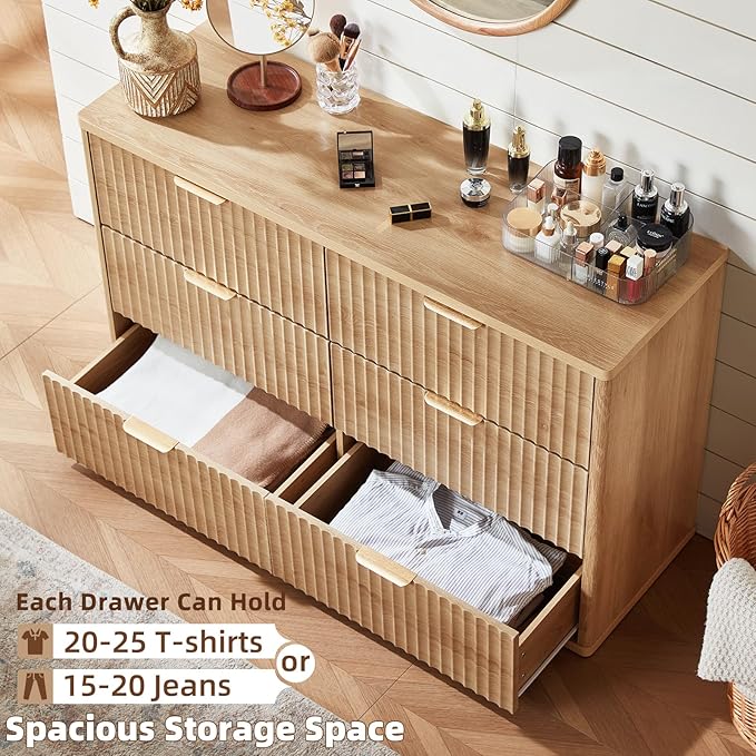 LEYAOYAO Fluted 6 Drawers Dresser Set of 2, 48" Wide Modern Chest of Drawers with Wood Grain Top, Curved Profile Design, Dresser TV Stand, Wooden Drawer Organizer for Bedroom, Living Room,Natural