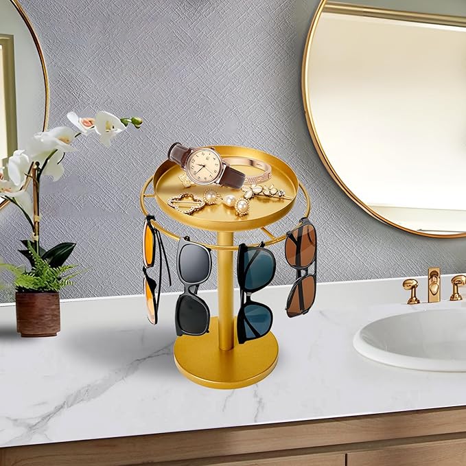 MoyRetty 360° Rotating Sunglasses Organizer - Stainless Steel Glasses Holder Stand with Jewelry Tray, Home Decor for Desk, Dresser & Nightstand(Gold)