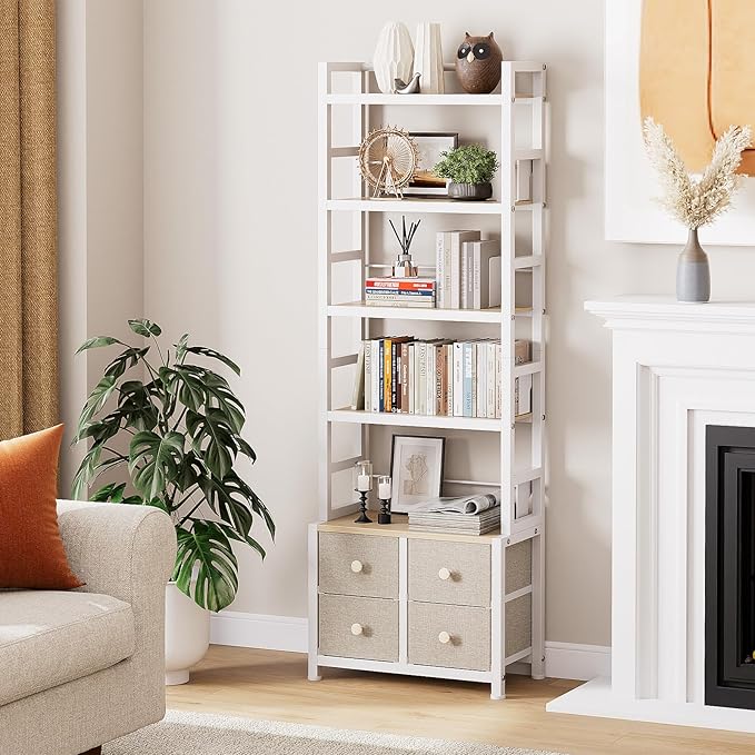 5 Tier Bookshelf, Modern Bookcase with Bookends and 4 Drawers Storage Organizer, Metal Industrial Display Shelf, Free Standing Storage Shelving Unit for Bedroom, Living Room and Home Office