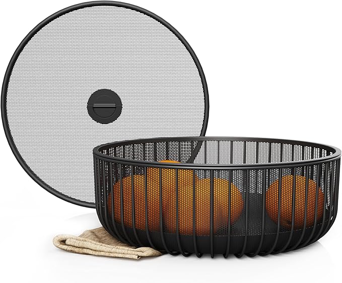 Metal Fruit Bowl with Mesh Lid and Basket - Fruit and Vegetable Holder For Kitchen Counter - Countertop Display Baskets Organizer - Bowl Storage for Veggie, Fruits, Snack, and Banana - Black