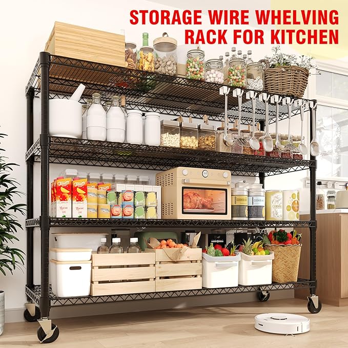 71" H Storage Shelves 2640LBS Heavy Duty Shelving Unit with Wheels & Feet, 4-Tiers Garage Shelving for Pantry Garage Kitchen Home Commercia, 71.8" H x 59" W x 17.7" D