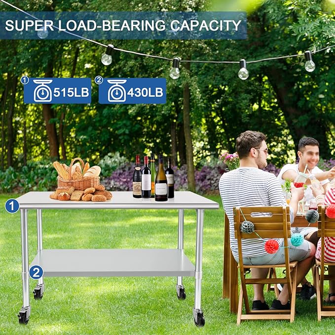 HARDURA Stainless Steel Table with Wheels 24 x 48 Inches Casters NSF Heavy Duty Commercial Work & Prep Table with Undershelf and Galvanized Legs for Restaurant Kitchen Bar and Hotel Garage