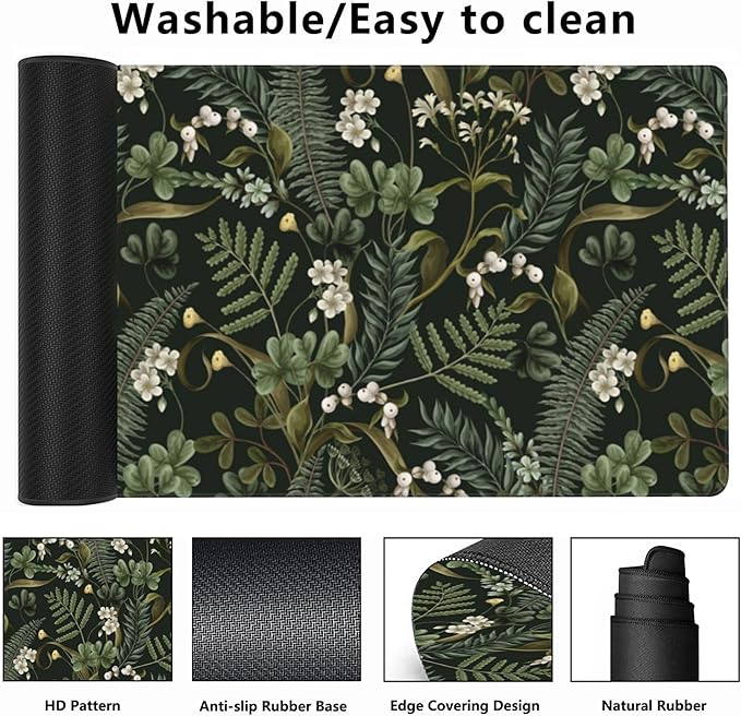 Desk Mat,White Flowers and Fern Gaming Mouse Pad,XXL Extended Mouse Pad Mat for Office,Computer,Keyboard with Non-Slip Base Stitched Eges Mousepad 35.4x15.75 inch