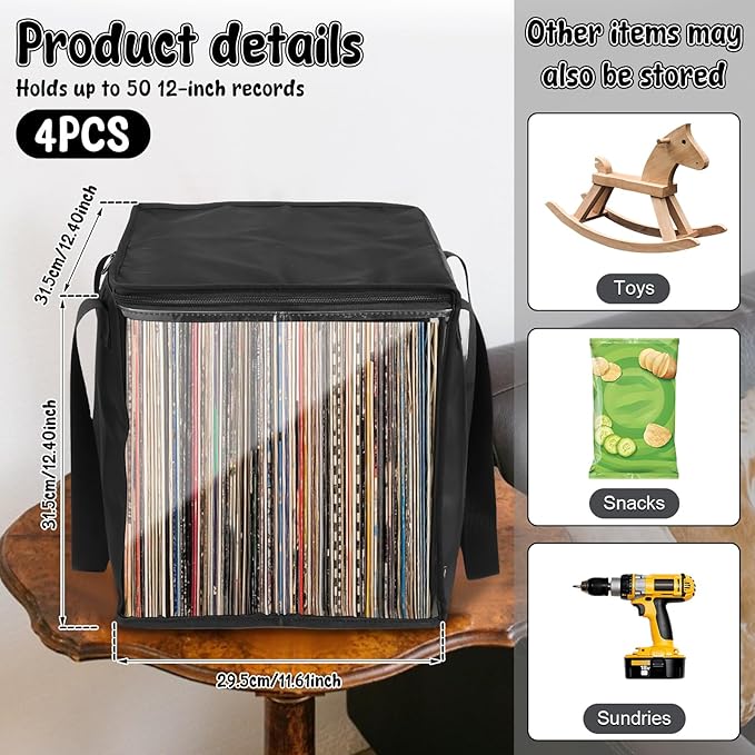 1/4 Pcs Vinyl Record Storage Box with Lid and Handles, Oxford Cloth Record Album Storage Crate, Foldable and Stackable Record Organizer Storage Case for Collecting Valuable Album (4PCS)