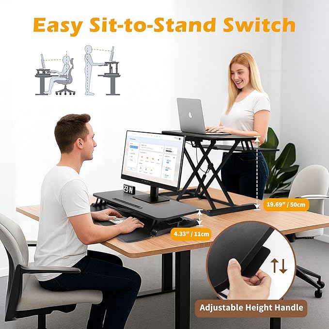 32 inch Standing Desk Converter, Height Adjustable Sit Stand Riser for Home Office,Stand Up Desk Riser, Quick Sit to Stand Tabletop with Keyboard Tray，Black