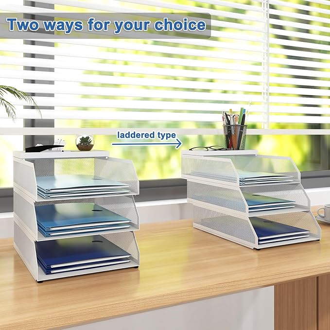 Natwind 3-Tier Stackable Paper Tray, Metal Mesh Desktop Organizer, Paper Sorter, Letter Trays,File Document Storage Rack for for Home, Office, School (White)