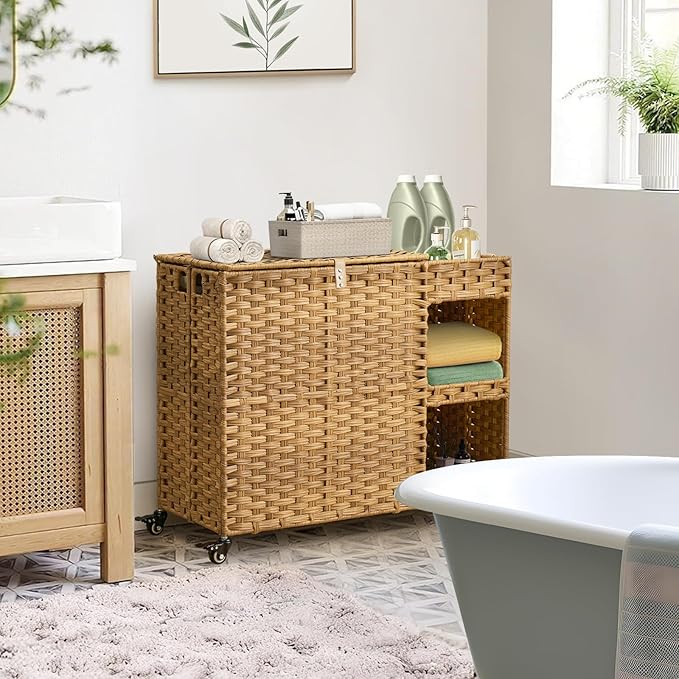 Laundry Hamper with Wheels, 42.3 Gal.(160 L) Laundry Sorter with Shelves, Rattan Clothes Hamper with 4 Removable Liners & 3 Mesh Bags, Handwoven Organizer for bedroom, bathroom, laundry room, Natural