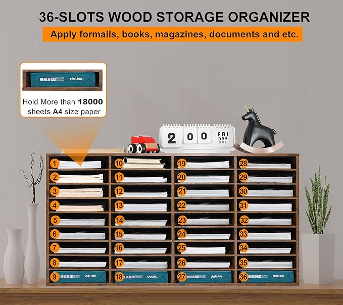 TQVAI Literature Organizer, Heavy Duty 36 Compartments Countertop Mail Organizer with Adjustable Shelves, Wooden Desk Paper Storage Organizer, Mailboxes Cubbies for Office, Classroom, Anqitue