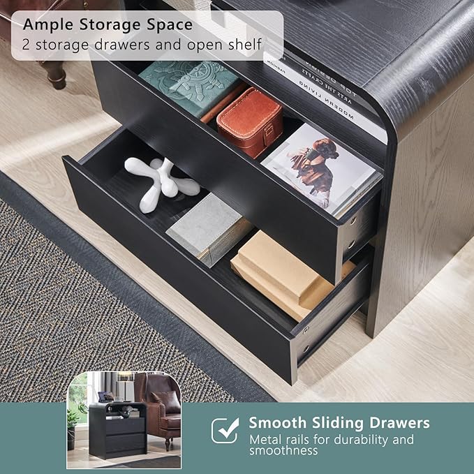 25" Tall Modern Nightstand Set of 2, 23.6'' Wide Wood Bedside Table w/2 Storage Drawers, Charging Station, Mid Century End Table for Bedroom, Living Room,Curved Profile Design, Black