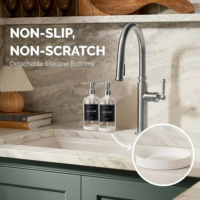 Vine Creations Clear Glass Soap Dispenser, 2 Pack Kitchen Soap Dispenser Set with Stainless Steel Pump, 16 oz Hand Soap or Dish Soap for Bathroom or Kitchen with Waterproof Labels