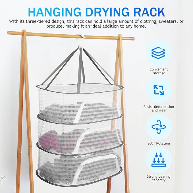 Toyvian Hanging Drying Rack with Zipper Mesh Net Windproof Clothes Organizer for Sweaters Underwear and Vegetables Ventilated Laundry Hanger for Indoor Outdoor Use