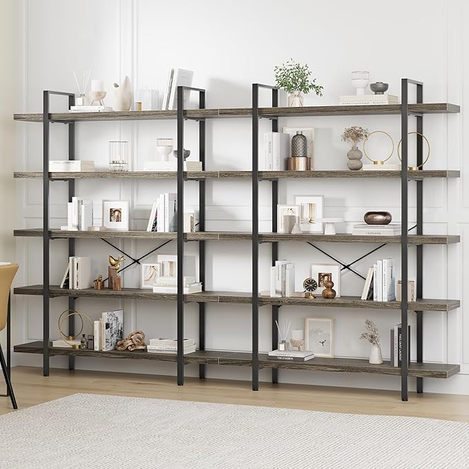Bookshelf Set, Heavy Duty 5-Tier Industrial Bookcase, 47" Wide Wood Bookshelf for Home Office, 120lbs Shelf Capacity, Rustic Open Display with Horizontal Shelf for Living Room Bedroom, Grey