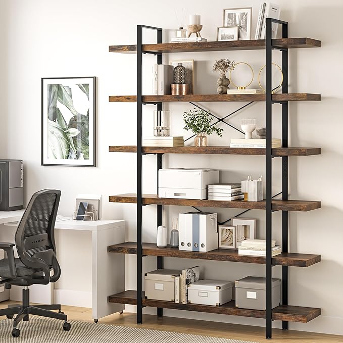 Bookshelf Set of 2, Heavy Duty 6-Tier Industrial Bookcase, 47" Wide Wood Bookshelf for Home Office, 120lbs Shelf Capacity, Rustic Open Display with Horizontal Shelf for Living Room Bedroom