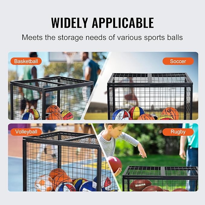 VEVOR Rolling Sports Ball Storage Cart, Lockable Basketball Cage with Double Lids, Sport Equipment Holder Organizer for Indoor Outdoor, Steel Storage Rack for Garages, Playgroup, Gym and Schools