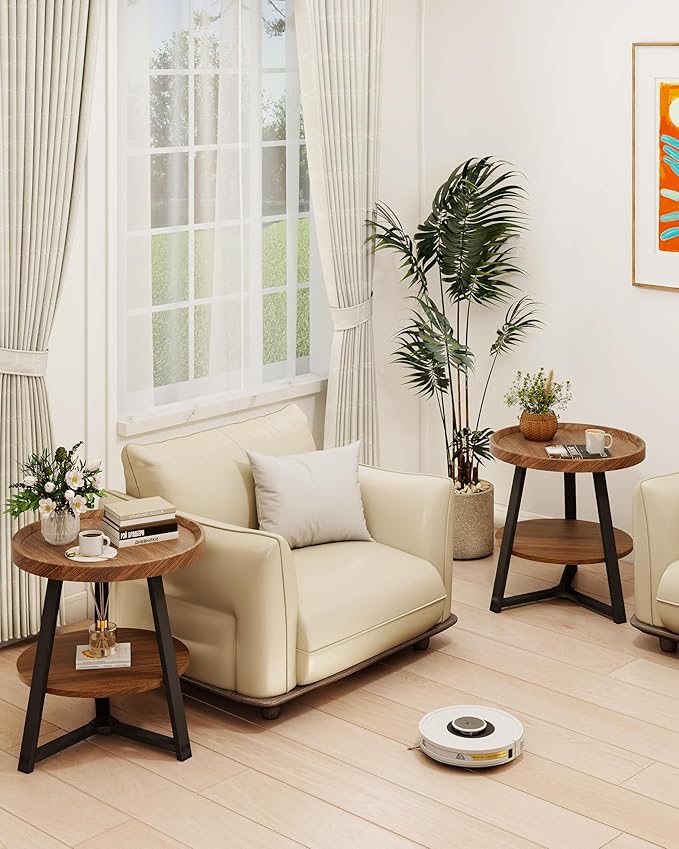 Small Round End Table, 2-Tier Side Table with Storage, Small Round Coffee Table for Living Room, 20'' Living Room Furniture with Sturdy Steel Frame (Brown)