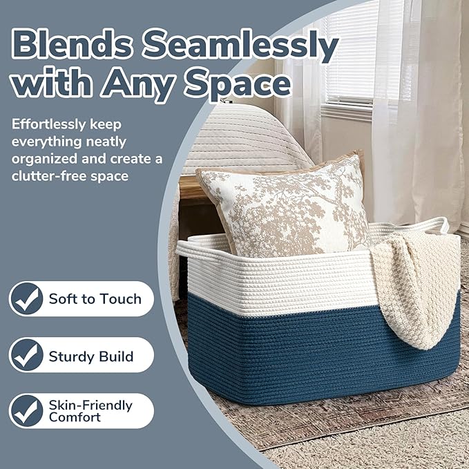 Goodpick Large Storage Baskets for Organizing, Woven Baskets for Storage, Blanket Basket Living Room, Rectangle Dirty Clothes Basket for Laundry, 21.6" x 14.9" x 11.8", Blue
