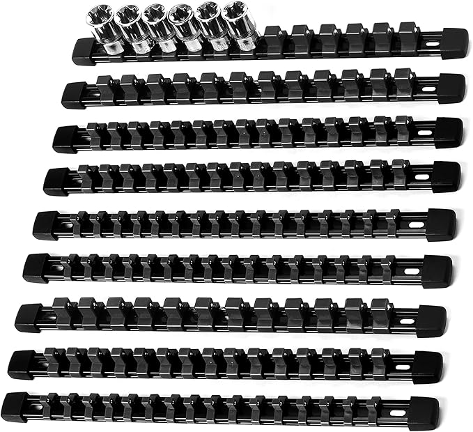Socket Organizer Drive ABS Tools - Black Socket Holder, Premium Quality 9 Pieces Socket Holders Kit 1/4-Inch x 48 Clips, 3/8-Inch x 45 Clips, 1/2-Inch x 36 Clips（9PC,Black