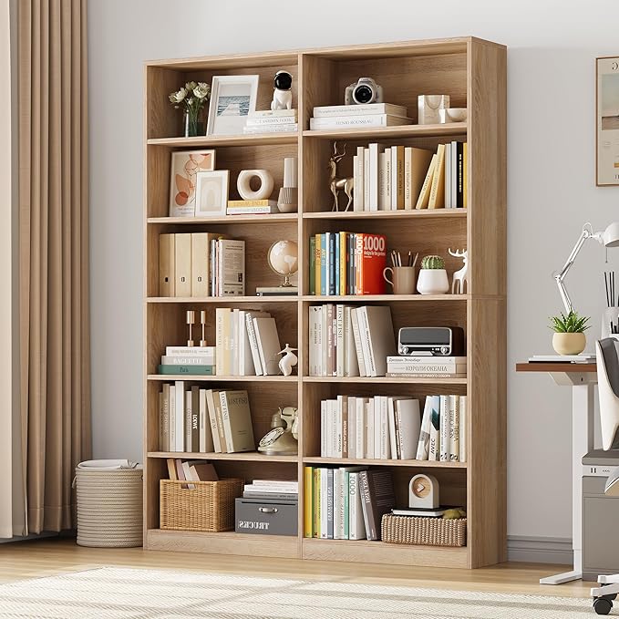 FACBOTALL Bookshelf and Bookcase, 6-Tier Double Wide Bookshelves,Freestanding Display Storage Shelves, Tall Bookcases for Home Decor Bedroom, Living Room, Home Office, Light Oak