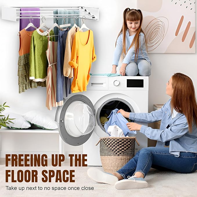 32” Foldable Clothes Drying Rack Wall Mounted - Laundry Drying Rack Collapsible with 4 Steel Poles - Wall Mounted Laundry Room Organization and Storage for Kitchen, Bathroom, Indoor-Outdoor Use