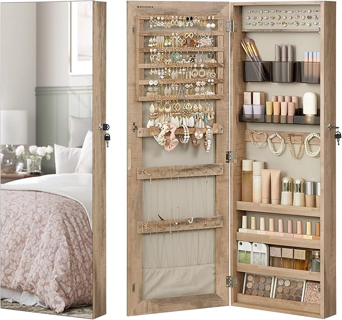 SONGMICS Mirror Jewelry Cabinet Armoire, Wall or Door Mounted Jewelry Storage Organizer, Hanging Lockable Frameless Mirror Cabinet with 2 Cosmetic Organizers, Christmas Gift Idea, Toasted Oak Color