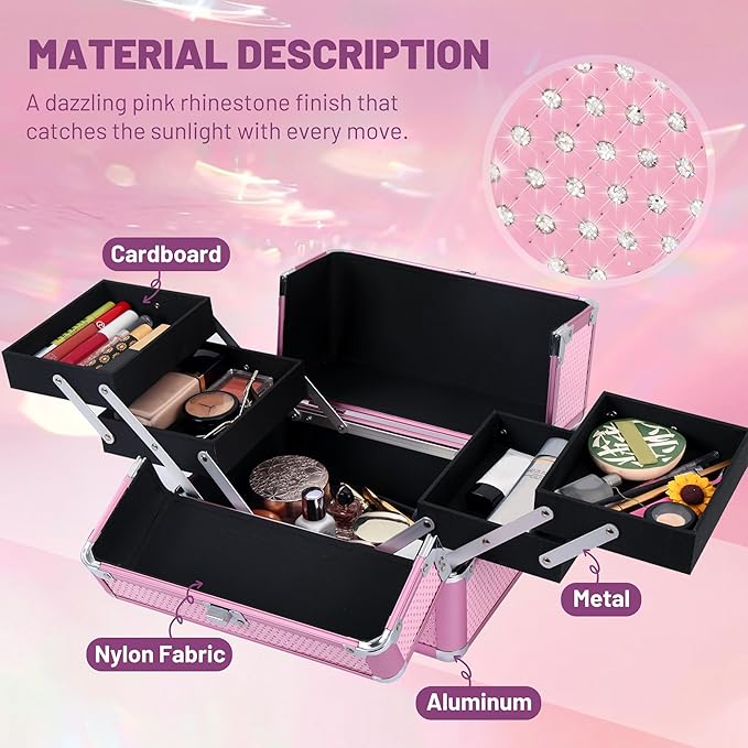 Makeup Train Case Cosmetic Organizer Case Makeup Box Portable Make Up Artist Travel Case with 4 Trays Dividers Lockable Hard Train Case Nail Tech Supply Storage - Crystal Pink