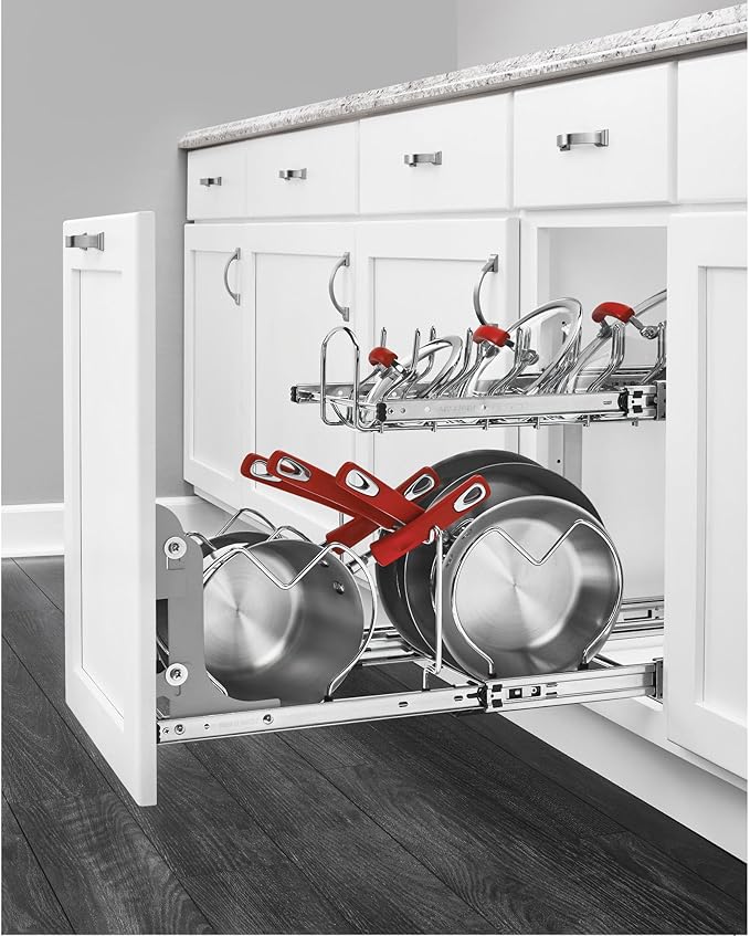 Rev-A-Shelf 2-Tier Kitchen Cabinet Pullout 11.75" Cabinet Organizer for Pots, Pans, and Lid Cookware, Adjustable Heavy Duty Wire, Chrome, 5CW2-1222-CR
