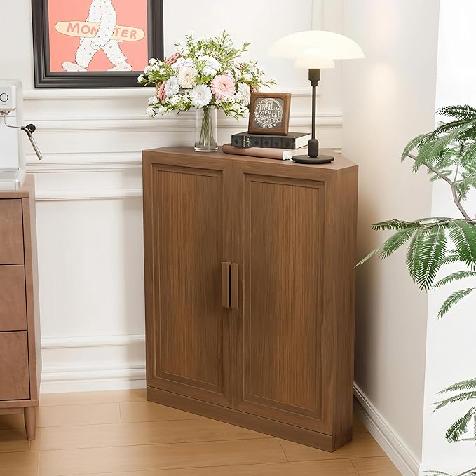 Casaphoria Farmhouse Corner Cabinet, Wooden Corner Storage Cabinet with Adjustable Shelves, Narrow Storage Organizer for Small Space, 36" H x 31" W x 16" D, 51Lb, Walnut