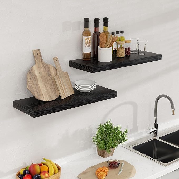 Black Floating Shelves 24 Inch Long 2 Pack for Bedroom|Kitchen|Bathroom, Wall Mounted Rustic Wood Wall Shelves, 9.3 Inch deep Floating Shelf with Invisible Brackets for Books|Storage|Decor