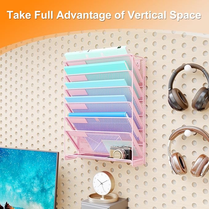 Kuntine.B Wall File Organizer Hanging Magazine Holder (Pink, 7 Tier 2 Pack)