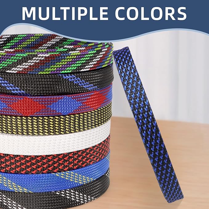 Braided Cable Sleeving, PET Expandable Braided Cable Sleeve, Flexible Mesh Sleeving Cord Management for Audio Video and Other Home Device, Cord Protector from Pets (Black Blue-2, 3/8")