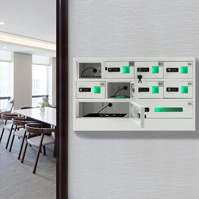 10 Slot Cellphone Charging Station Cell Phone Locker with Combination Lock, Cellphone Storage Cabinet with 3 in 1 QC3.0 Fast Charging Ports for Most Phones Tablets, for Office Classroom