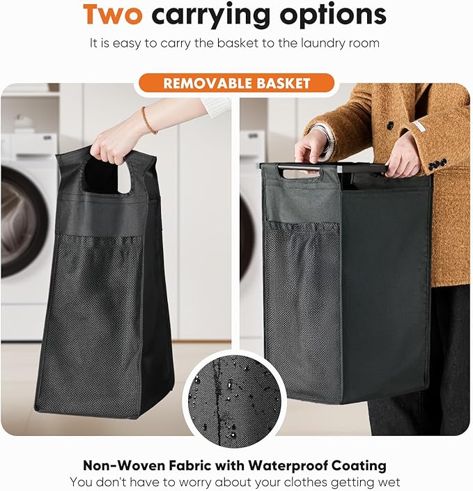 Sweetcrispy Laundry Hamper with 2 Pull-Out Removable Sorter Bags, Movable Wheels, Freestanding Clothes Basket Organizer in Bathroom, 2 × 13.1Gal (99L) Capacity, Rustic Brown and Black