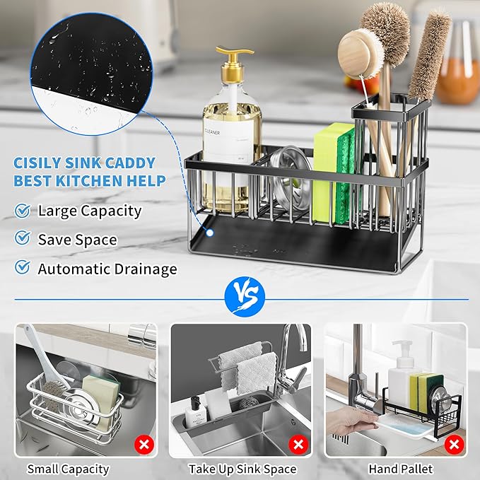 Cisily Kitchen Sink Caddy Organzier with High Brush Holder, Sponge Holder for Sink, 304 Rustproof Stainless, Kitchen Countertop Soap Dispenser Organizer, Kitchen Decor and Accessories