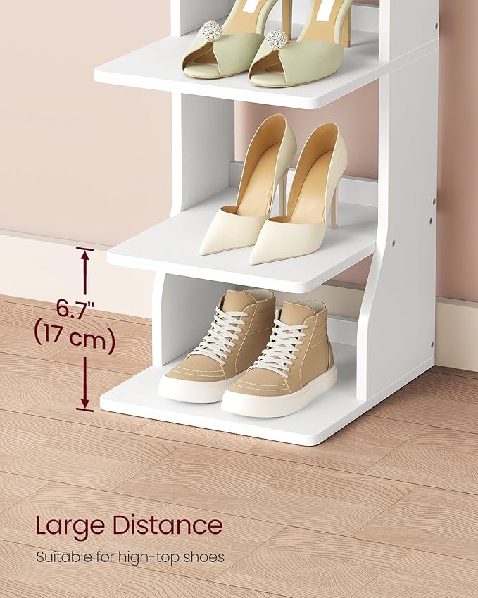 VASAGLE 9-Tier Vertical Shoe Rack, Narrow Shoe Storage Organizer with Hooks, Slim Corner Tower Shelf, Space-Saving for Entryway and Bedroom, White ULBS210WB01