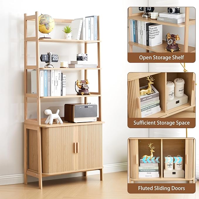 4-Tier Bookshelf, Tall Bookcase with Open Shelf and Sliding Door, 70” Freestanding Storage Organizer Display Cabinet for Living Room, Home Office (Natural)