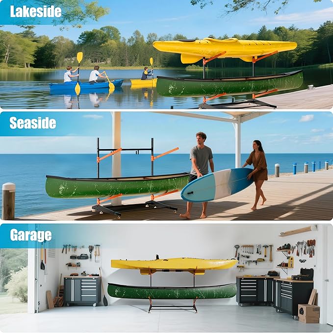 Kayak Storage Rack, Freestanding Outdoor Canoe Rack, Reinforced, Thickened, and Enhanced Rust Resistance, Holds 220 lbs, for Safe Garage and Outdoor Canoe Storage(2-Tier, Orange)