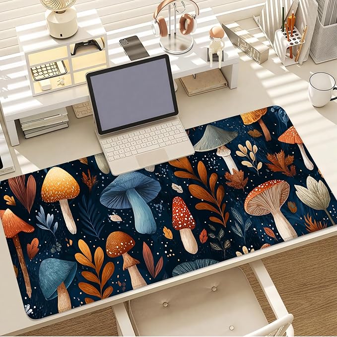 Mushroom Forest Mouse Pad – Large Extended Desk Mat 35.43 x 15.75 in – Autumn Woodland Fungi Illustration, Waterproof Surface, Non-Slip Rubber Base, Keyboard & Mouse Pad for Nature Lovers