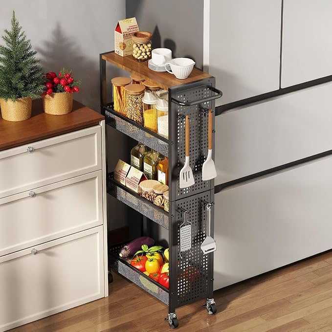 Slim Rolling Storage Cart with Wheels, 4-Tier Metal Utility Cart with Handle & Wood Top, Small Mobile Organizer Shelf Unit for Laundry Room, Kitchen, Bathroom, Office, Narrow Space