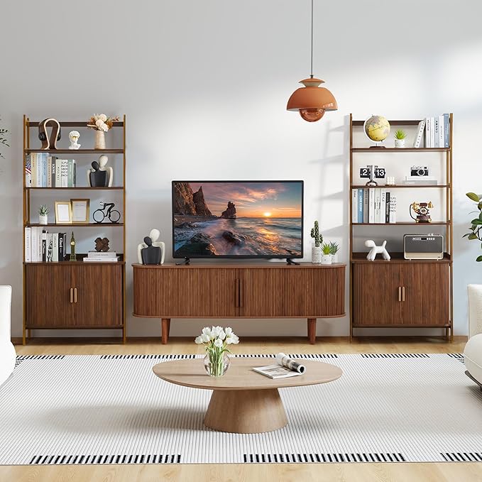 4-Tier Bookshelf, Tall Bookcase with Open Shelf and Sliding Door, 70” Freestanding Storage Organizer Display Cabinet for Living Room, Home Office (Walnut)