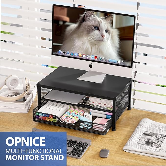 OPNICE Computer Monitor Stand Riser, Desk Organizers and Accessories with Drawer, Laptop Stand, Office Desk Accessories & Workspace Desktop Organizers Storage for Office Supplies(Black 2-Pack)