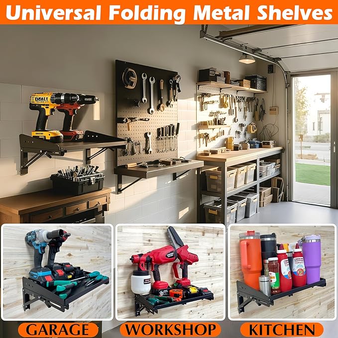 MUTUACTOR 2Pack Garage Wall Shelving,Wall-mounted Sturdy Metal Shelving for Milwaukee Packout,Heavy Duty Folding Storage Shelf Rack for Garage,Kitchen,Laundry, Holds Up to 100lbs